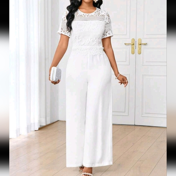 White Lace Jumpsuit Round Neck Elegant Straight Jumpsuit Elegant Women
